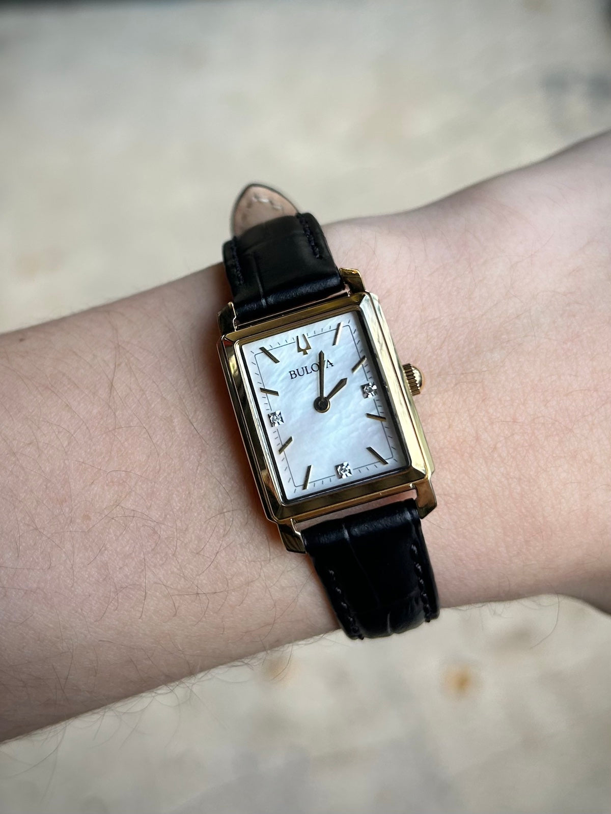 Bulova Ladies Sutton Diamond & Pearl, Gold & Black Leather Watch