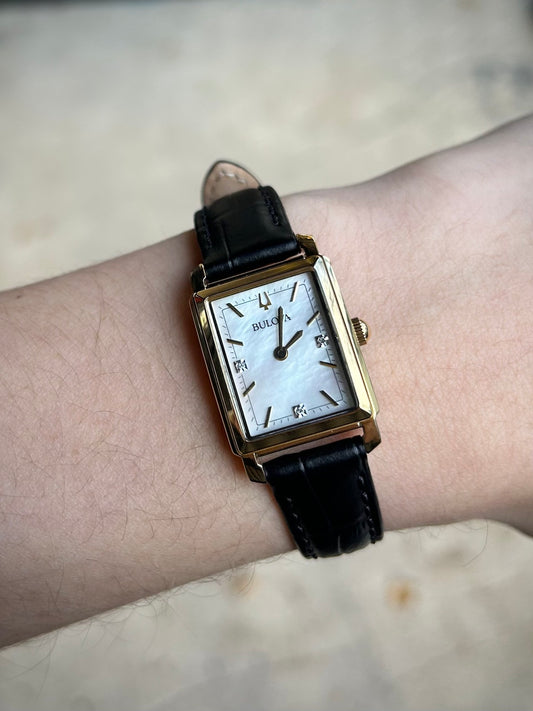 Bulova Ladies Sutton Diamond & Pearl, Gold & Black Leather Watch
