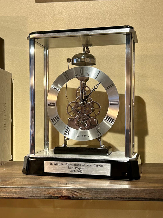 Bulova Vantage Mantle Strike Black & Chrome Skeleton Clock