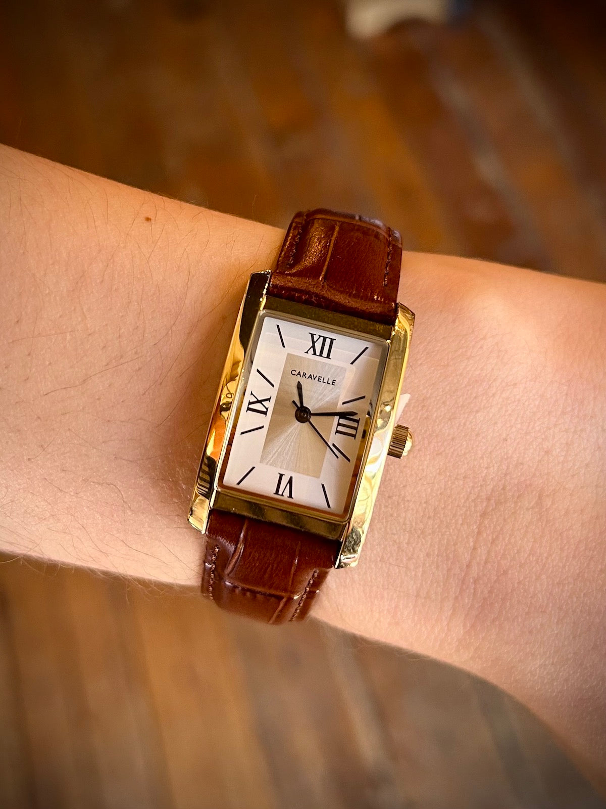 Caravelle by Bulova Ladies Dress Gold & Brown Leather Tank Watch