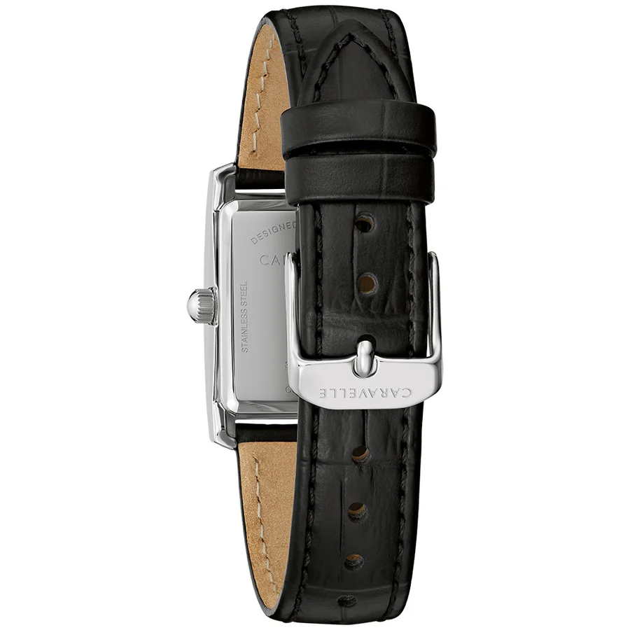 Caravelle by Bulova Ladies Dress Crystal Accent Tank Black Leather Watch