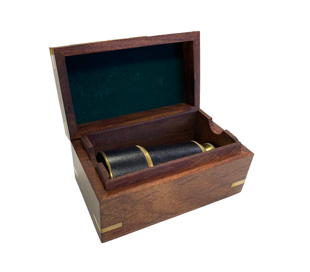 Brass Leather-Wrapped Pocket Telescope with Wood Display Box