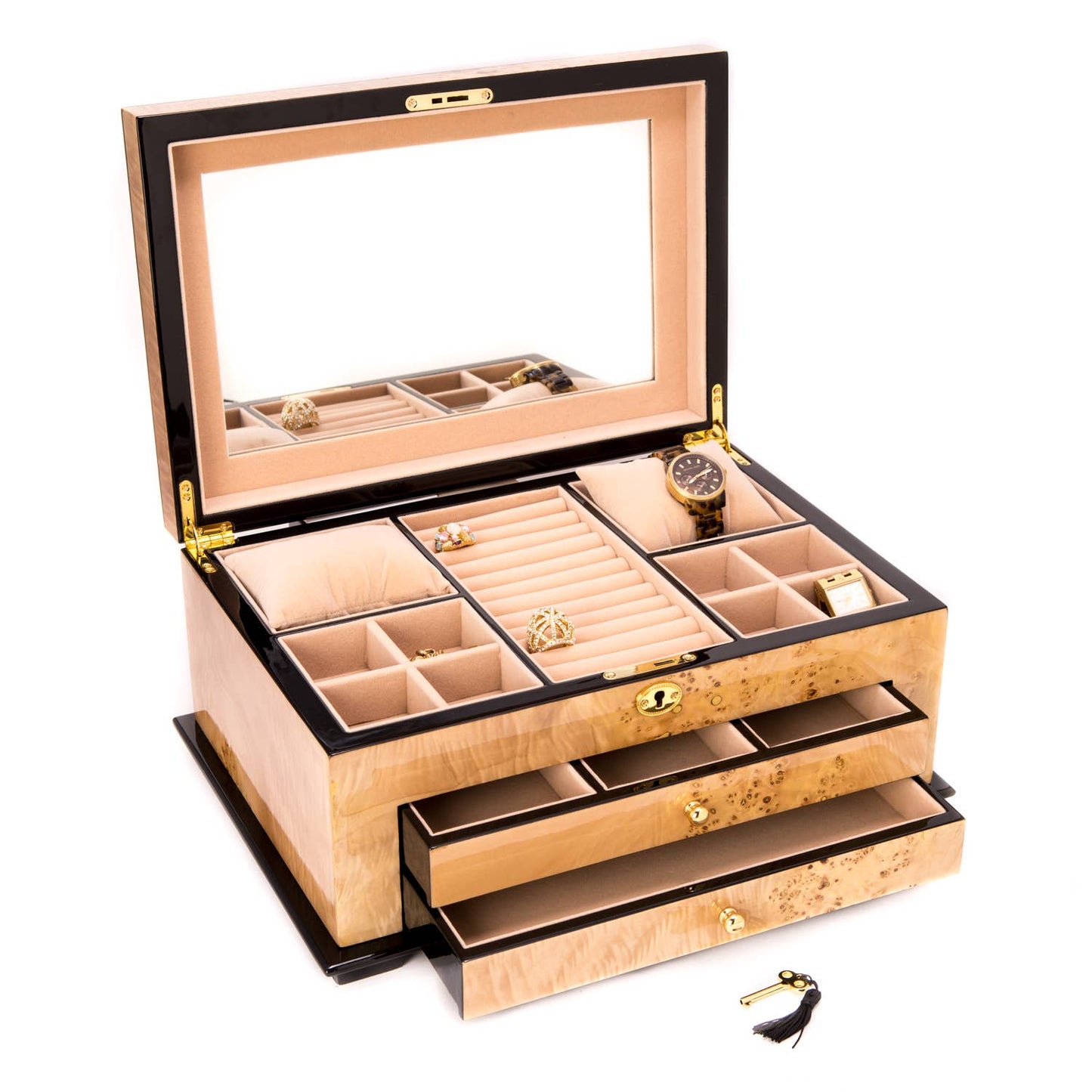 Birdseye Maple Lacquered Wood 3 Level Jewelry Chest