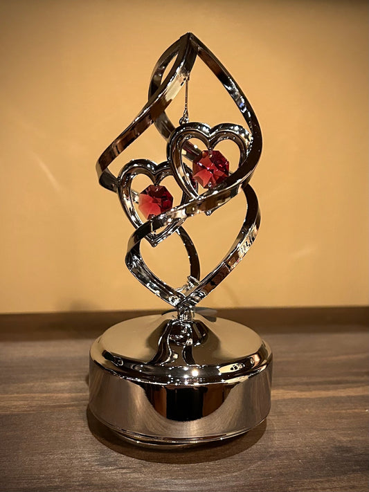 Chrome Revolving Musical Twin Hearts Spiral with Red Swarovski Crystals