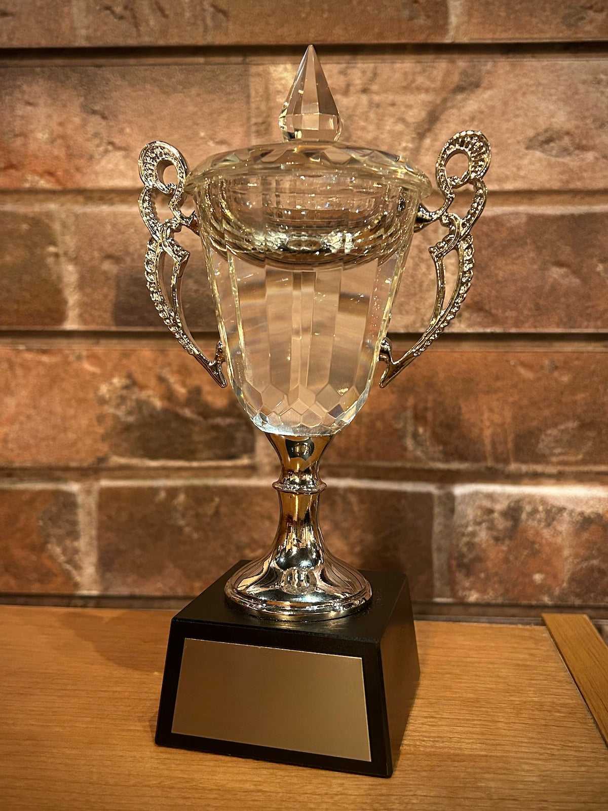 Crystal Trophy Cup with Silver Handles & Stem on Black Marble Base