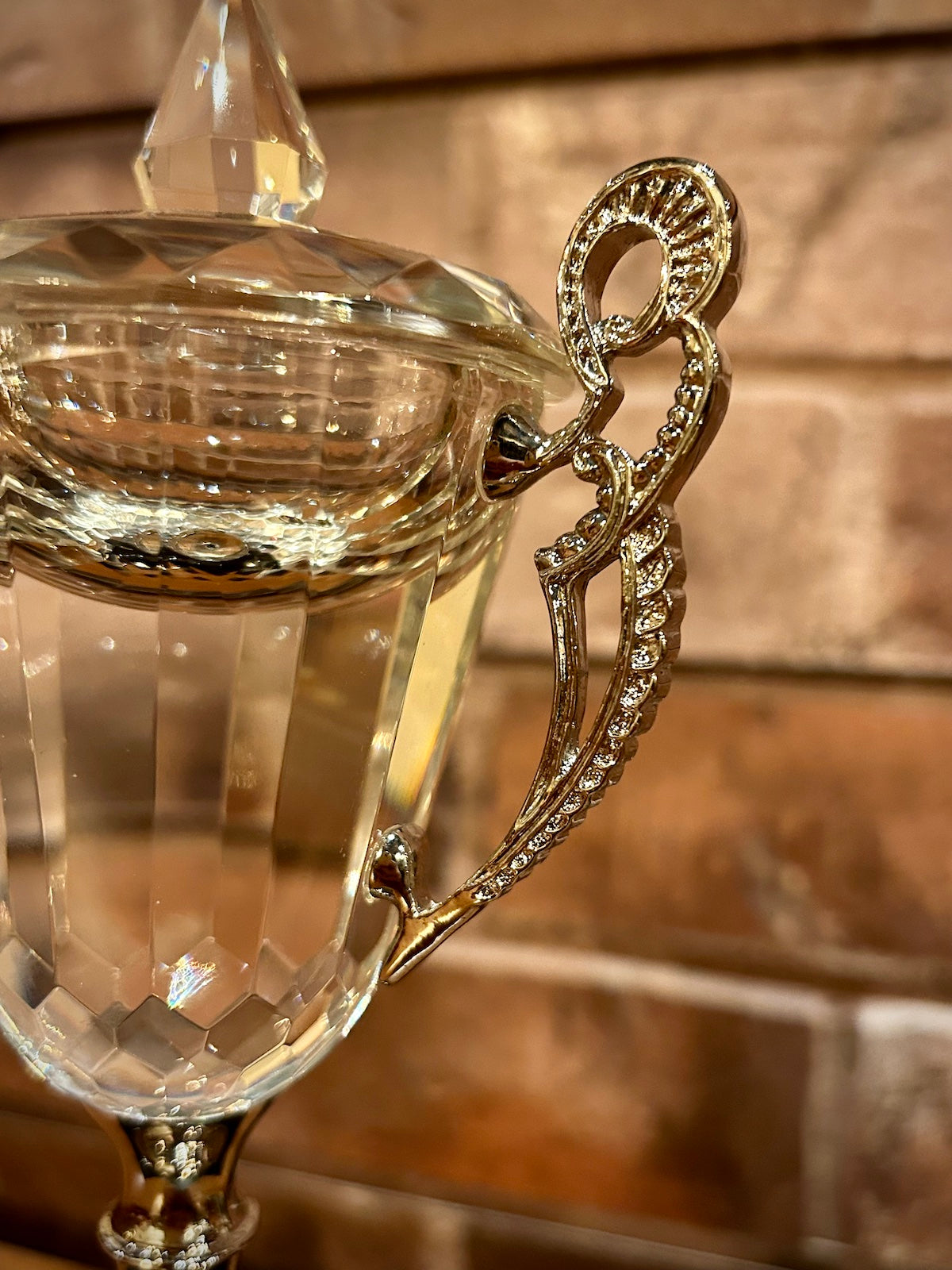 Crystal Trophy Cup with Silver Handles & Stem on Black Marble Base