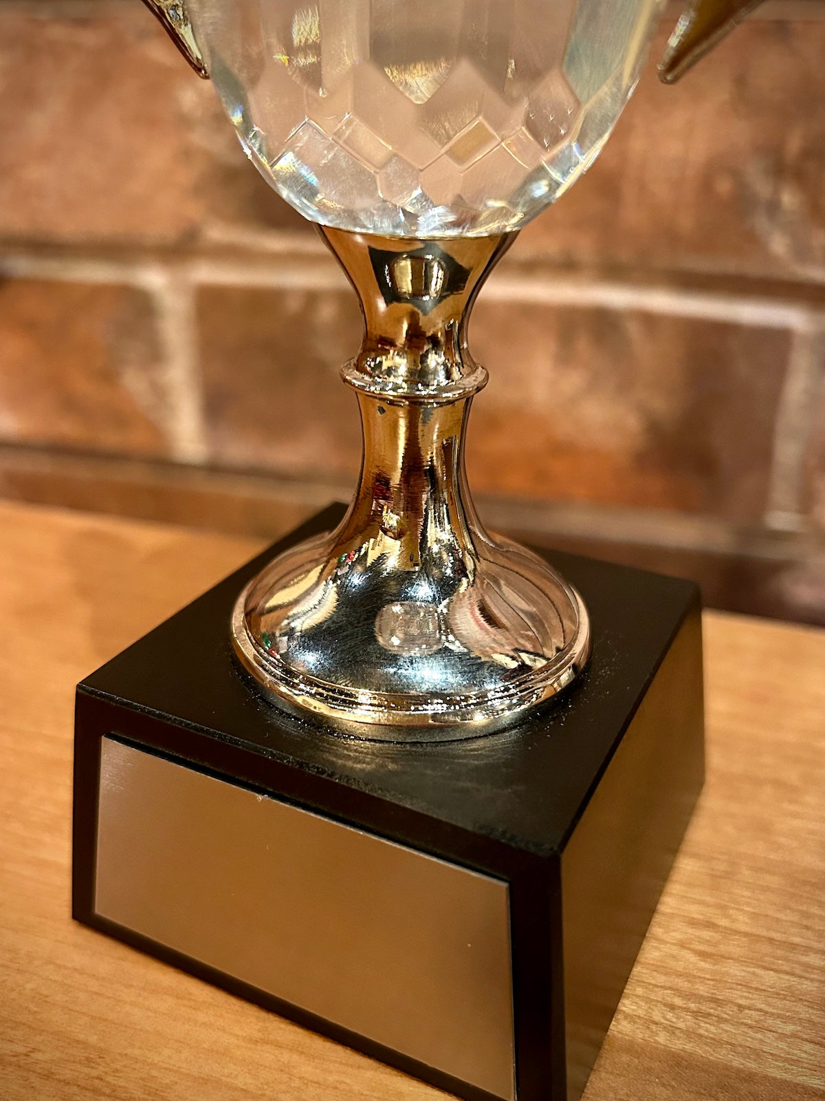 Crystal Trophy Cup with Silver Handles & Stem on Black Marble Base