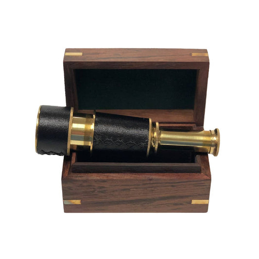 Brass Leather-Wrapped Pocket Telescope with Wood Display Box