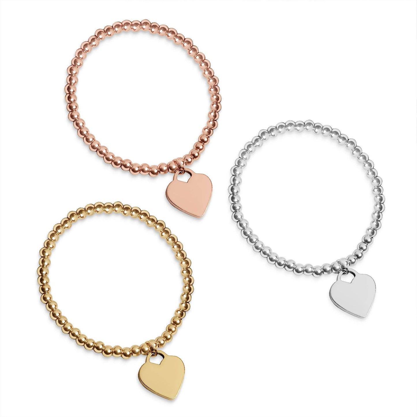 18K Gold PVD Coated Stainless Steel Heart and Bead Stretch Bracelets