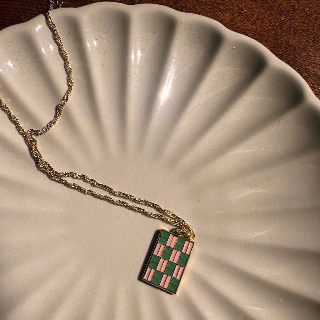 Gold, Strawberry Pink and Matcha Green Checkmate Pendant Necklace