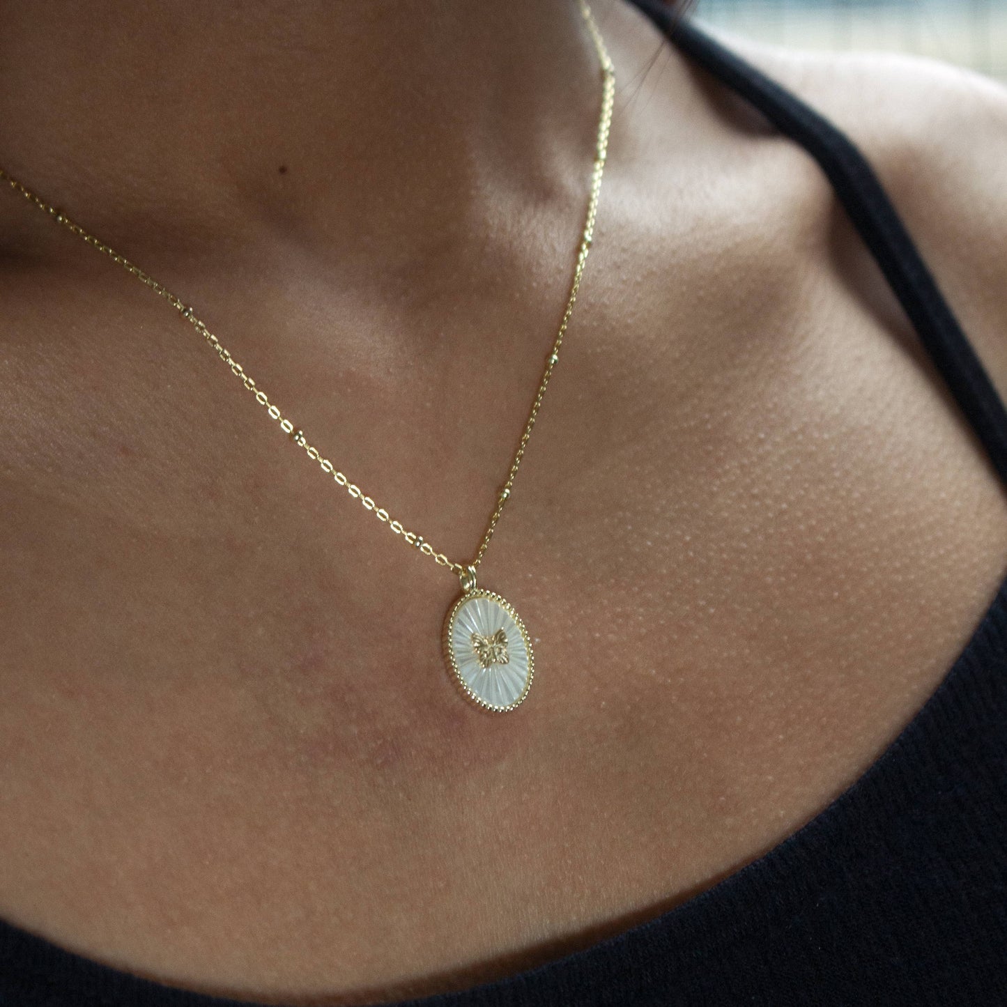 Gold Vermeil Mini Butterfly Mother of Pearl Oval Pendant Necklace