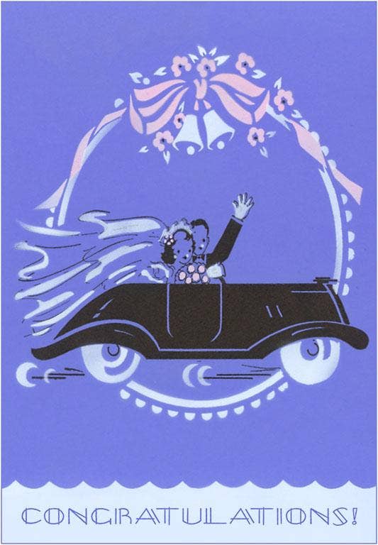 Congratulations Bride and Groom in Car Vintage Image Post Card