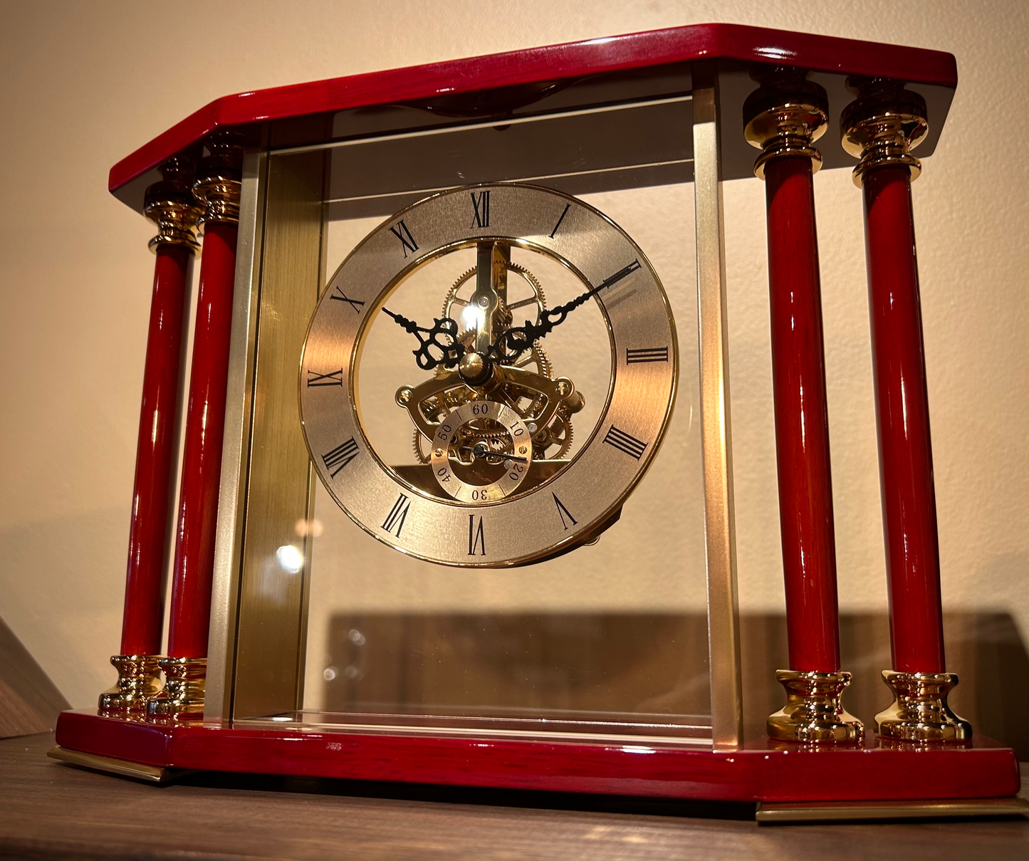 Four Pillar Gold & Rosewood Piano Finish Executive Skeleton Clock
