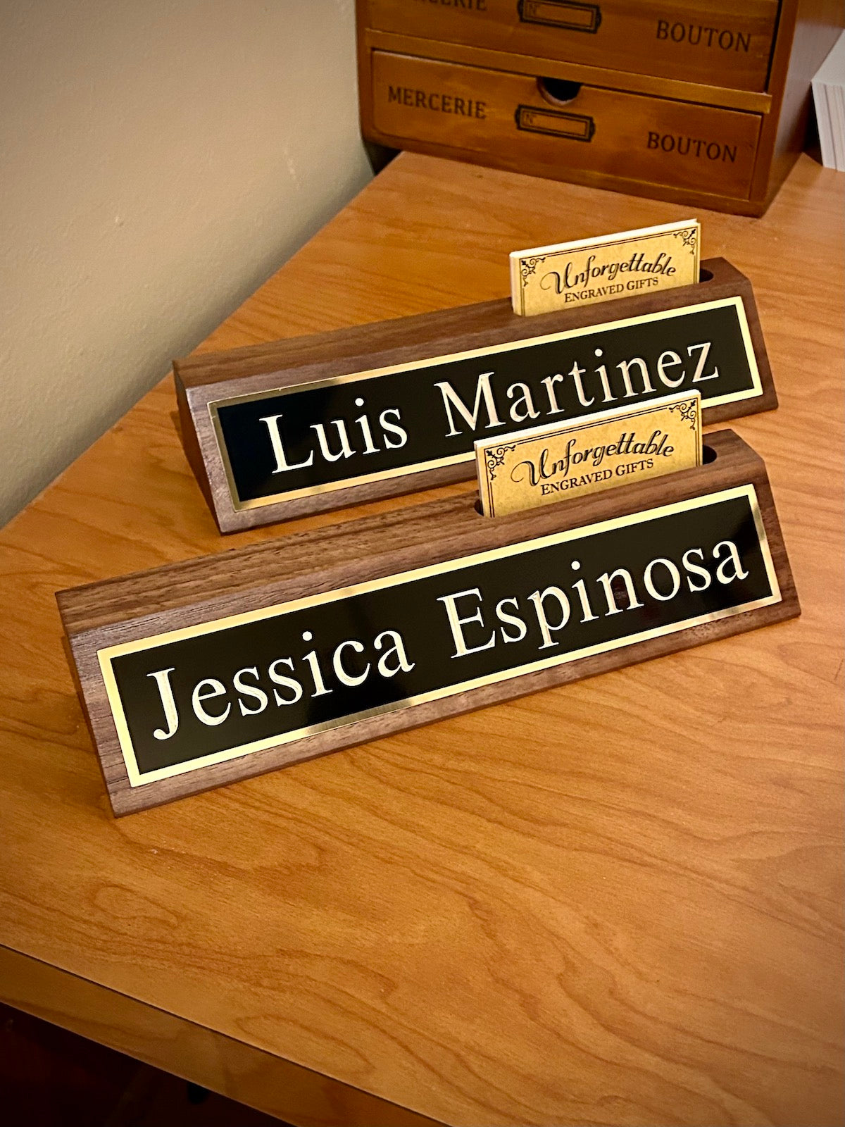 Walnut Desk Wedge Name Bar and Business Card Holder