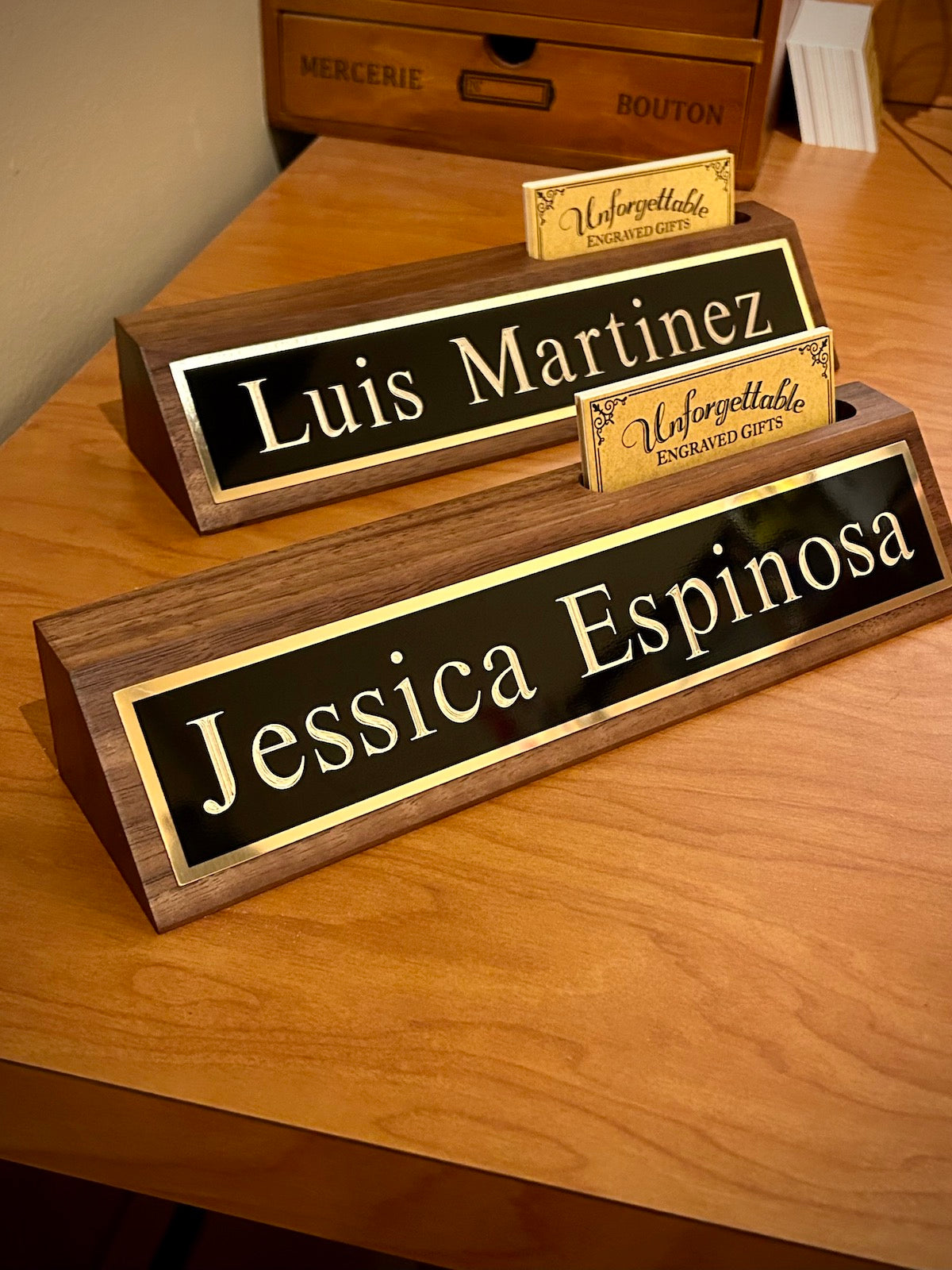 Walnut Desk Wedge Name Bar and Business Card Holder