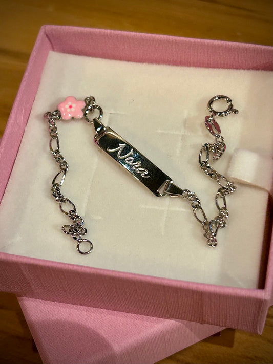 Sterling Silver Girls ID Bracelet with Pink Flower