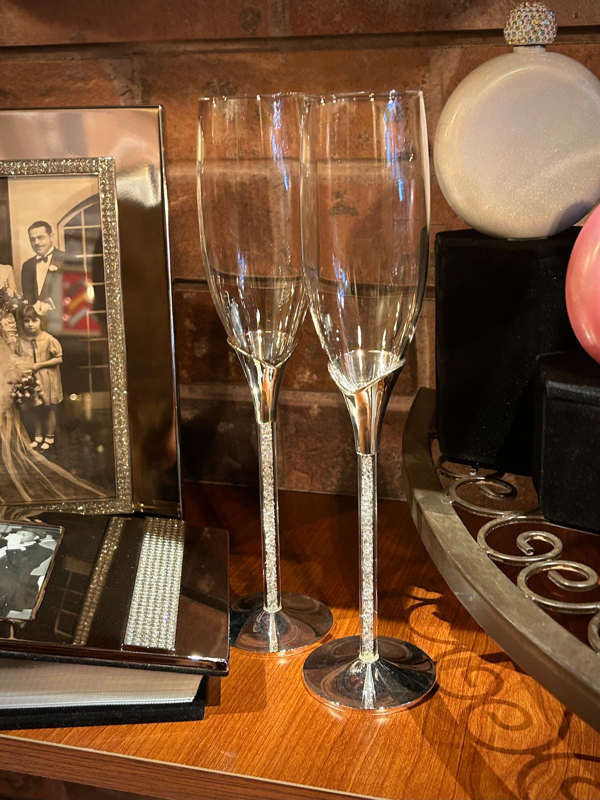 Glass Stem with Gems Silver Champagne Toasting Flutes