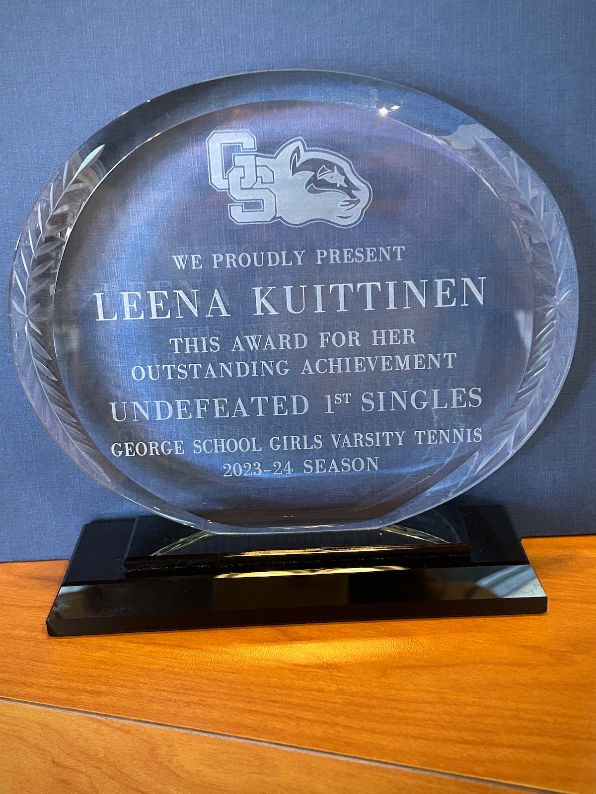 Oval Wreath Accented Glass Award with Black Base