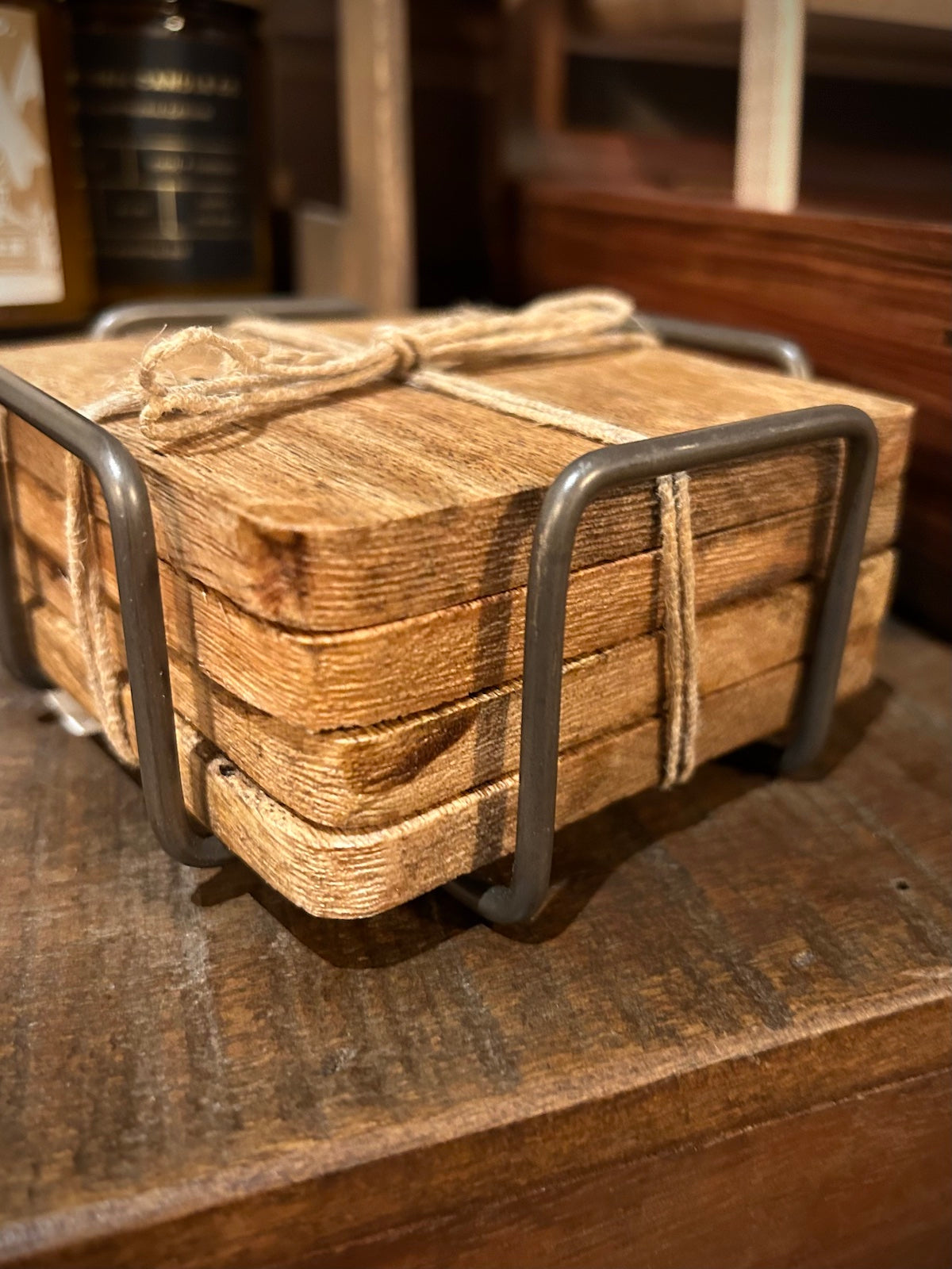 Godinger Ridgewood Natural Acacia Coaster Set with Iron Stand