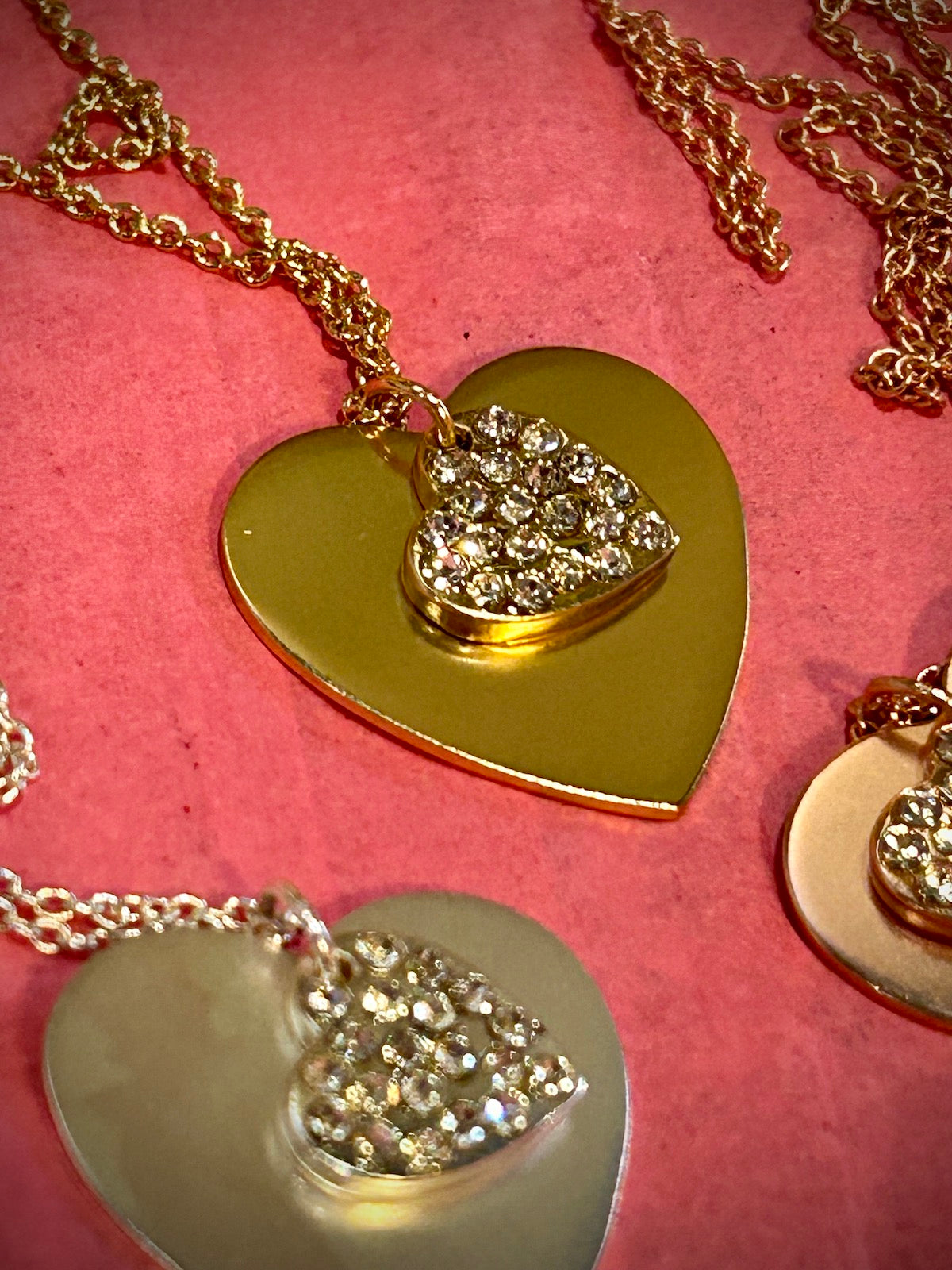 Silver, Gold, or Rose Gold Crystal Charm Double Swing Heart Necklace