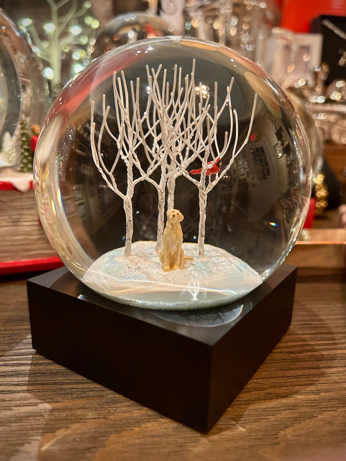 Lab in Winter Woods Snow Globe