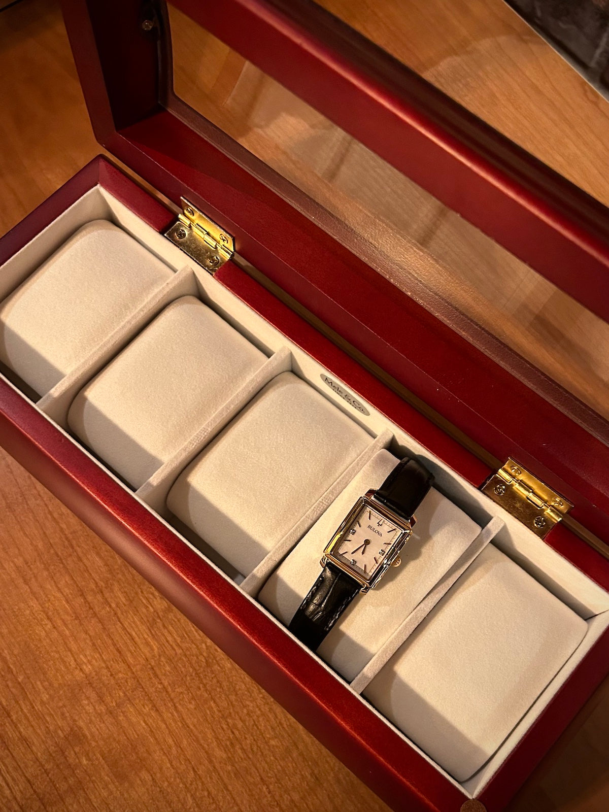 Mele & Co. "Emery" Domed Glass Lid & Cherry Finish Watch Box