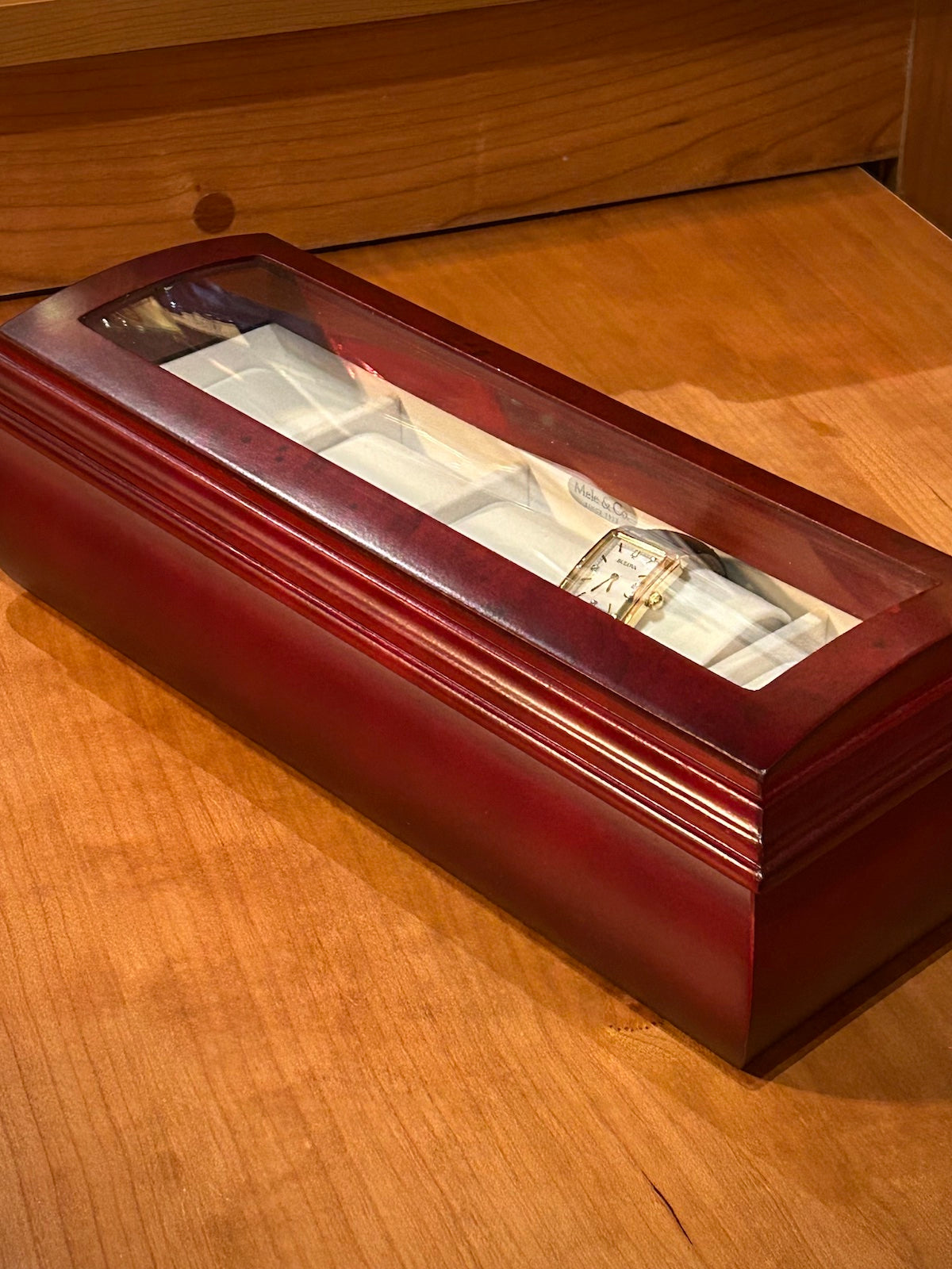 Mele & Co. "Emery" Domed Glass Lid & Cherry Finish Watch Box