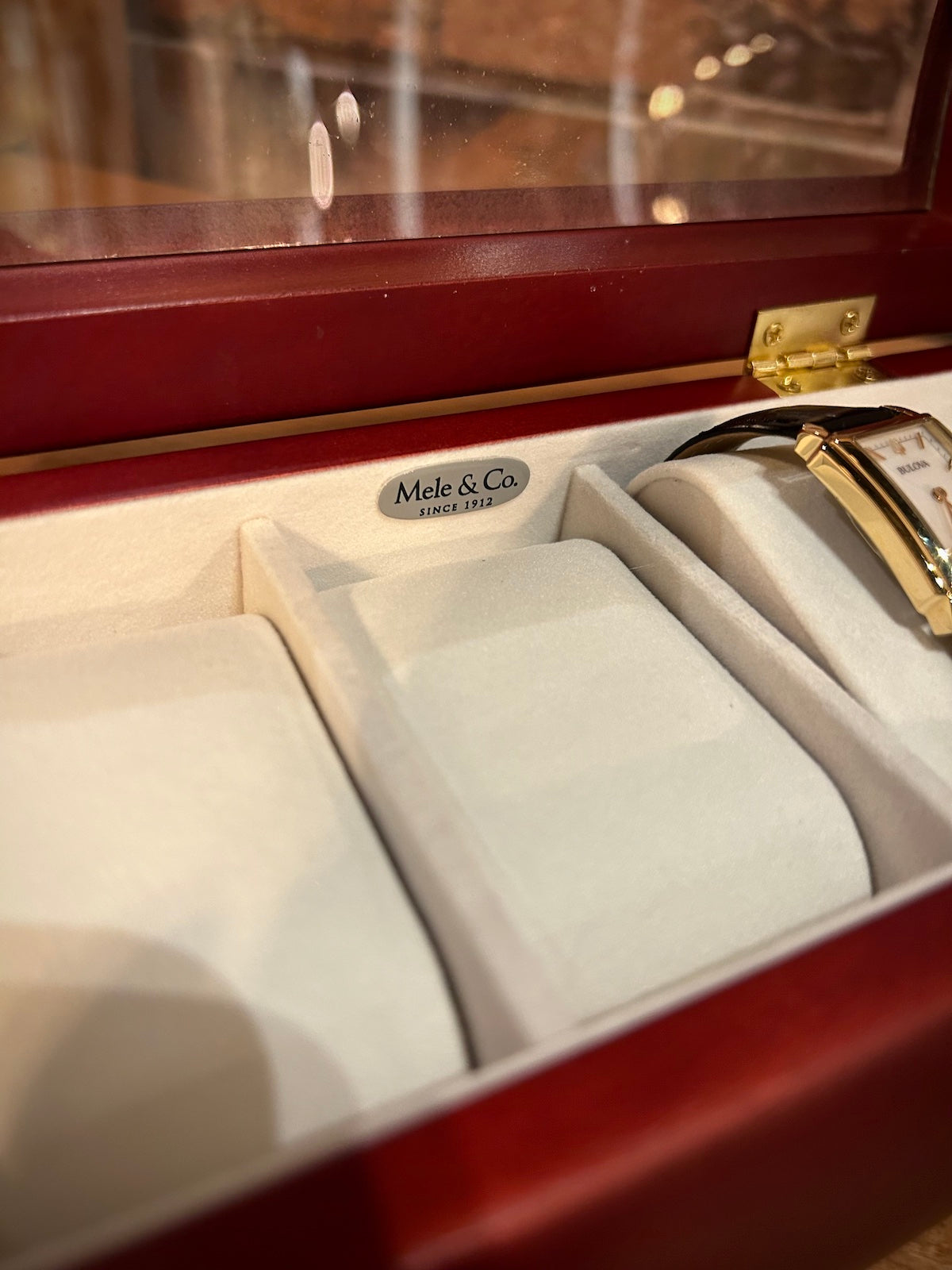 Mele & Co. "Emery" Domed Glass Lid & Cherry Finish Watch Box