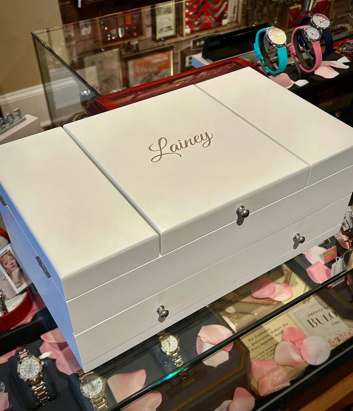 Mele & Co. "Everly" White Wooden Triple Lid Jewelry Box with Green Lining