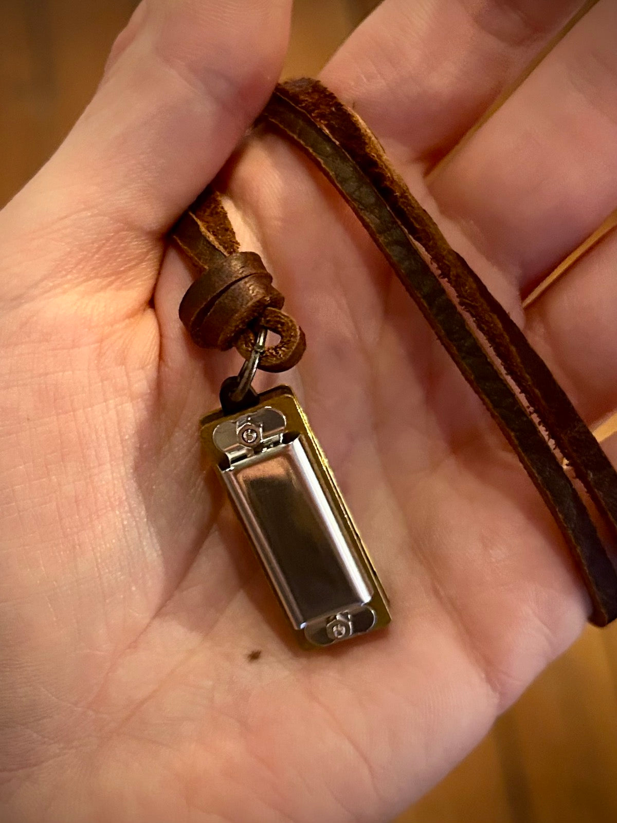 1-1/2" Minature Harmonica on Leather Cord Necklace