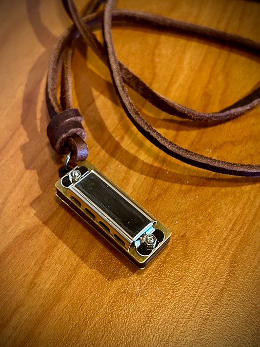 1-1/2" Minature Harmonica on Leather Cord Necklace