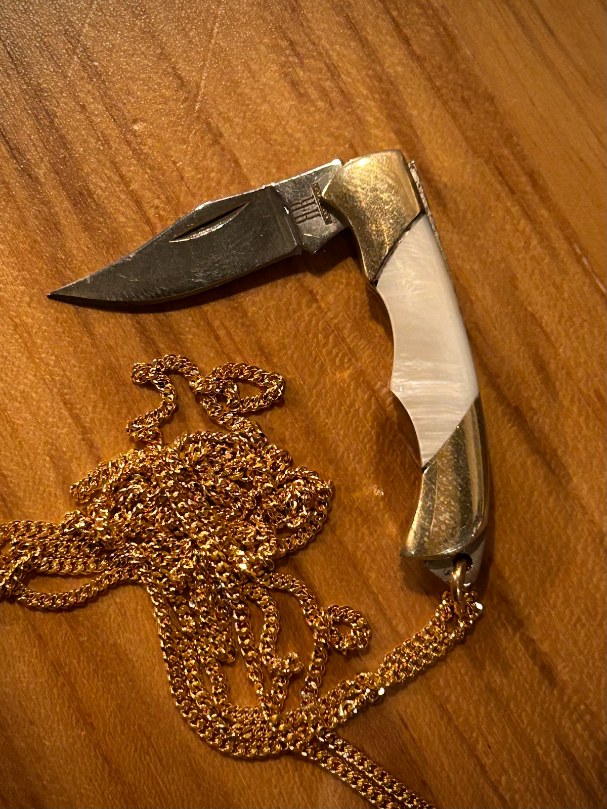 Mother of Pearl Handle Tiny Pocket Knife on Gold Chain Necklace