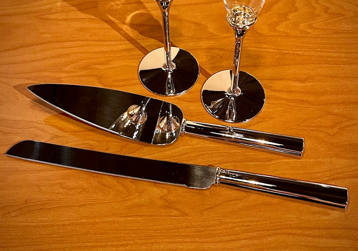 Gold Ring Band Silver Handle Cake Knife & Server Set