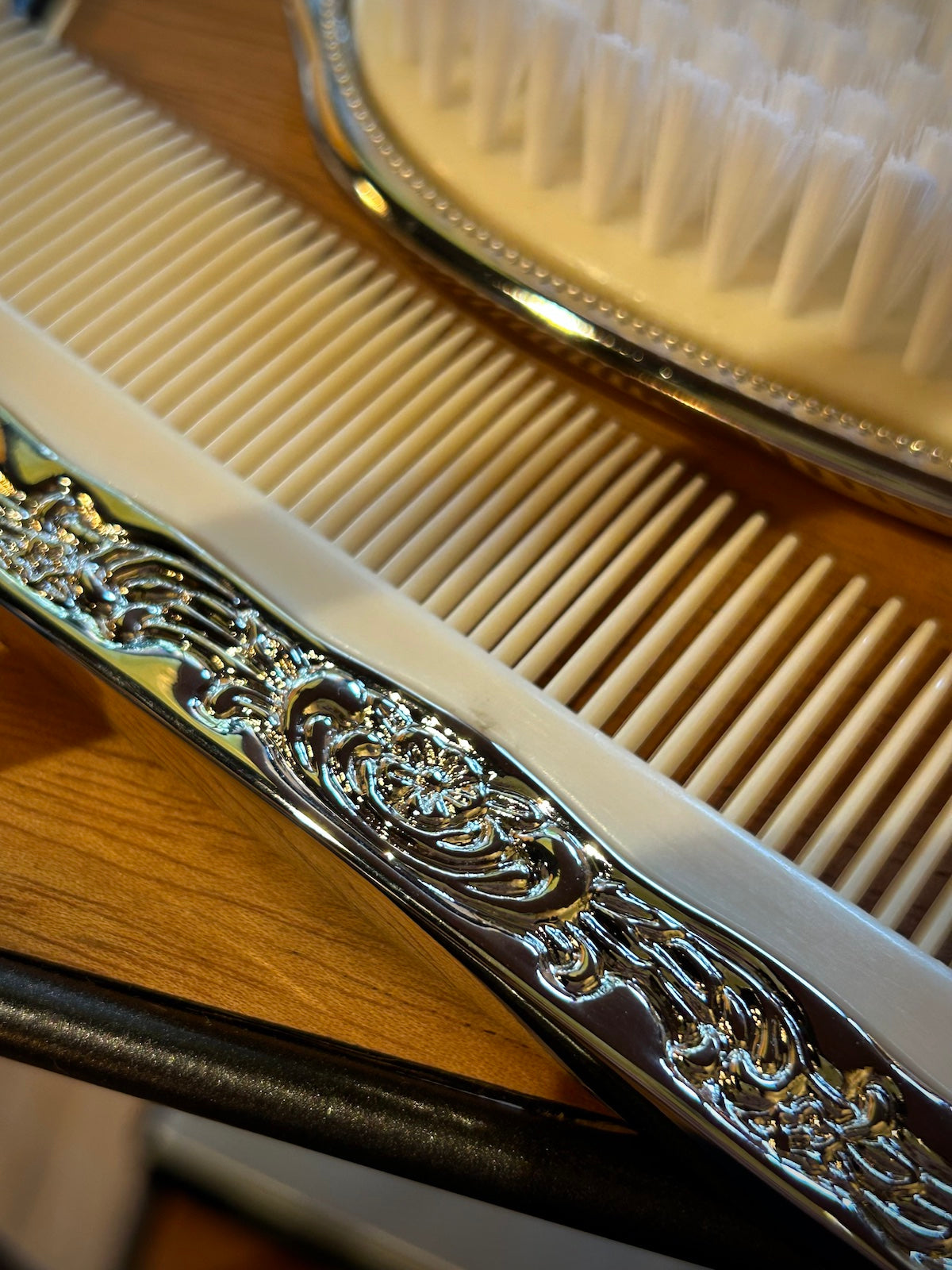 Ornate Silver Brush, Comb & Mirror Vanity Set