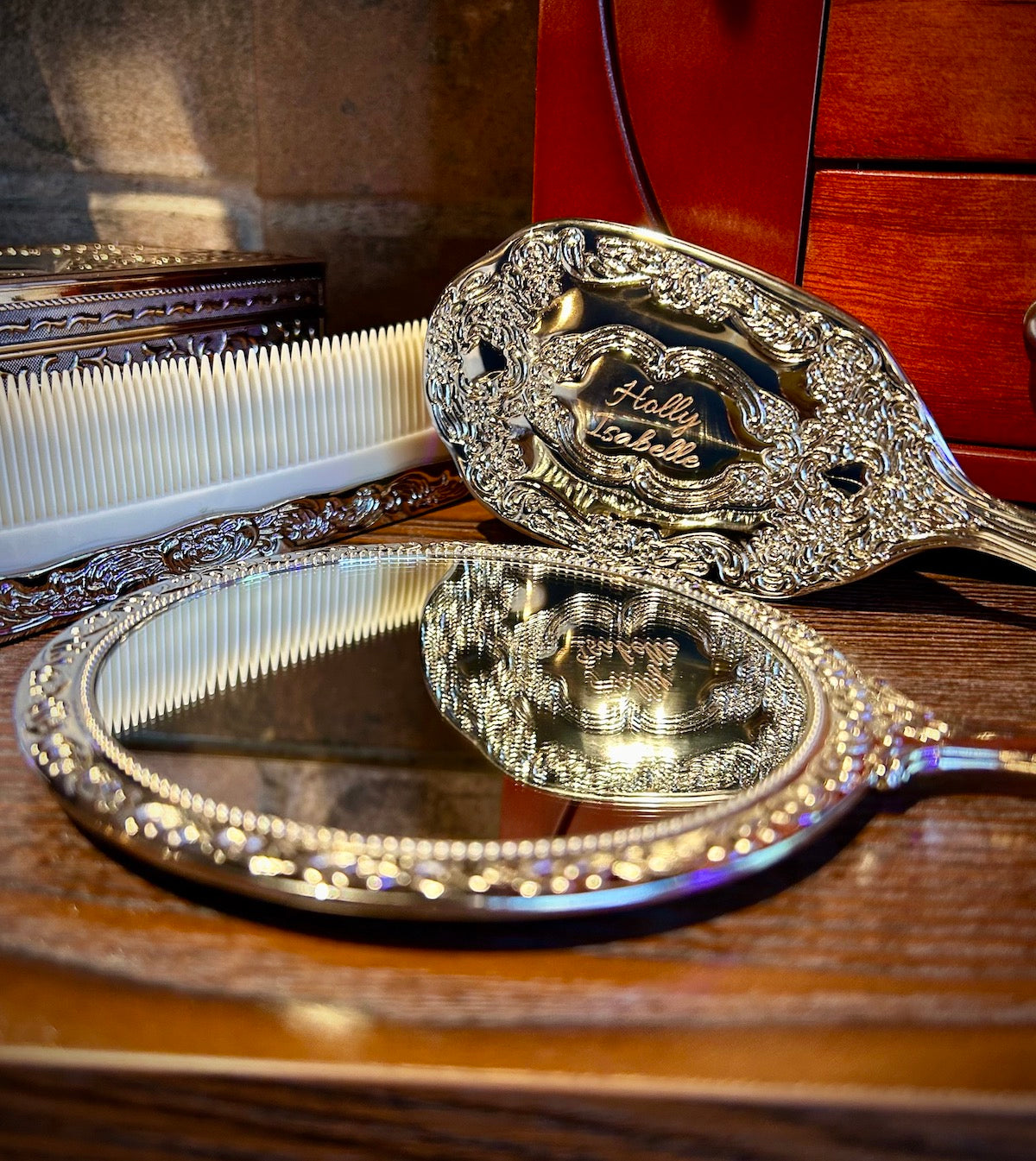 Ornate Silver Brush, Comb & Mirror Vanity Set