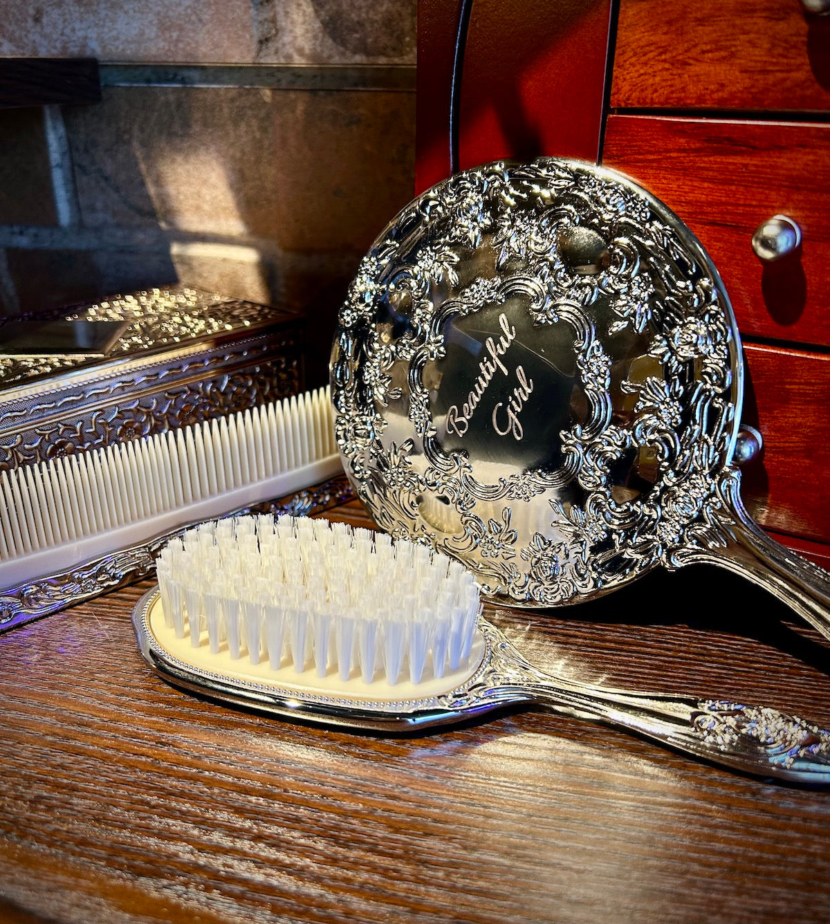 Ornate Silver Brush, Comb & Mirror Vanity Set