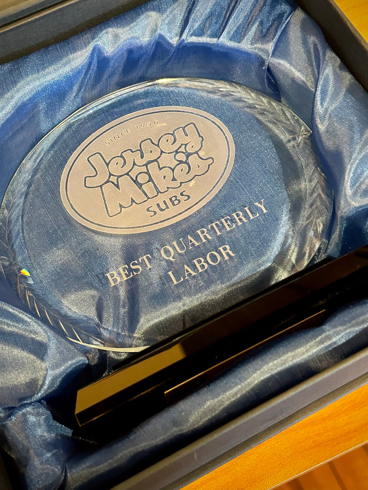 Oval Wreath Accented Glass Award with Black Base