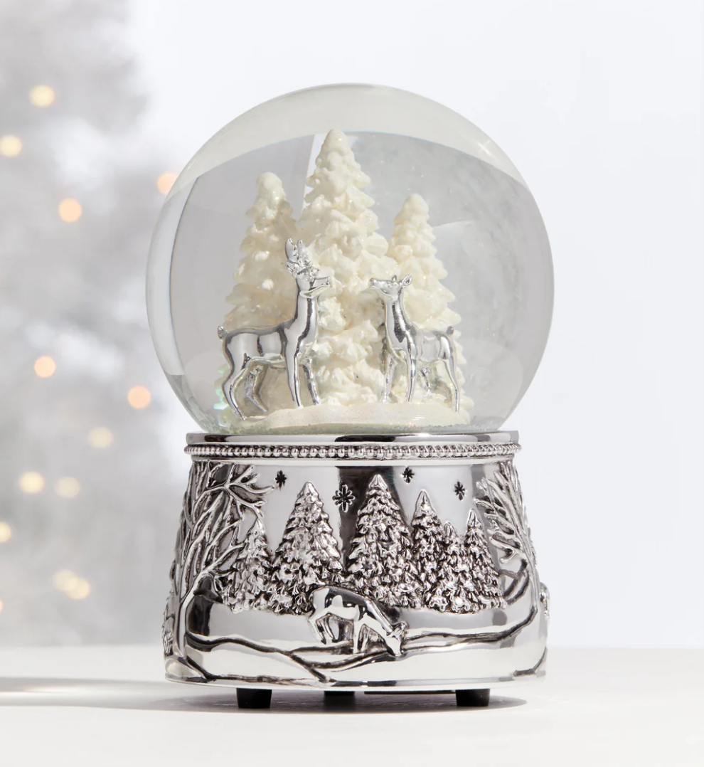Reed & Barton North Pole Bound Reindeer Silver Musical Snow Globe