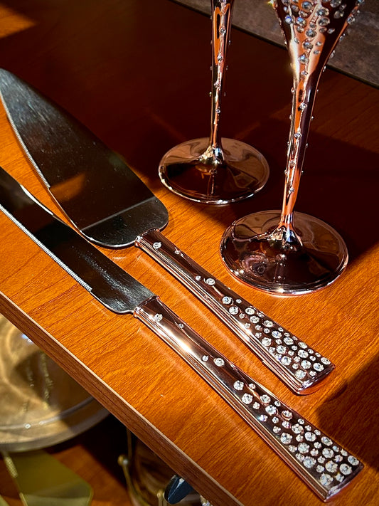 "Galaxy" Rose Gold with Crystals Cake Knife & Server Set
