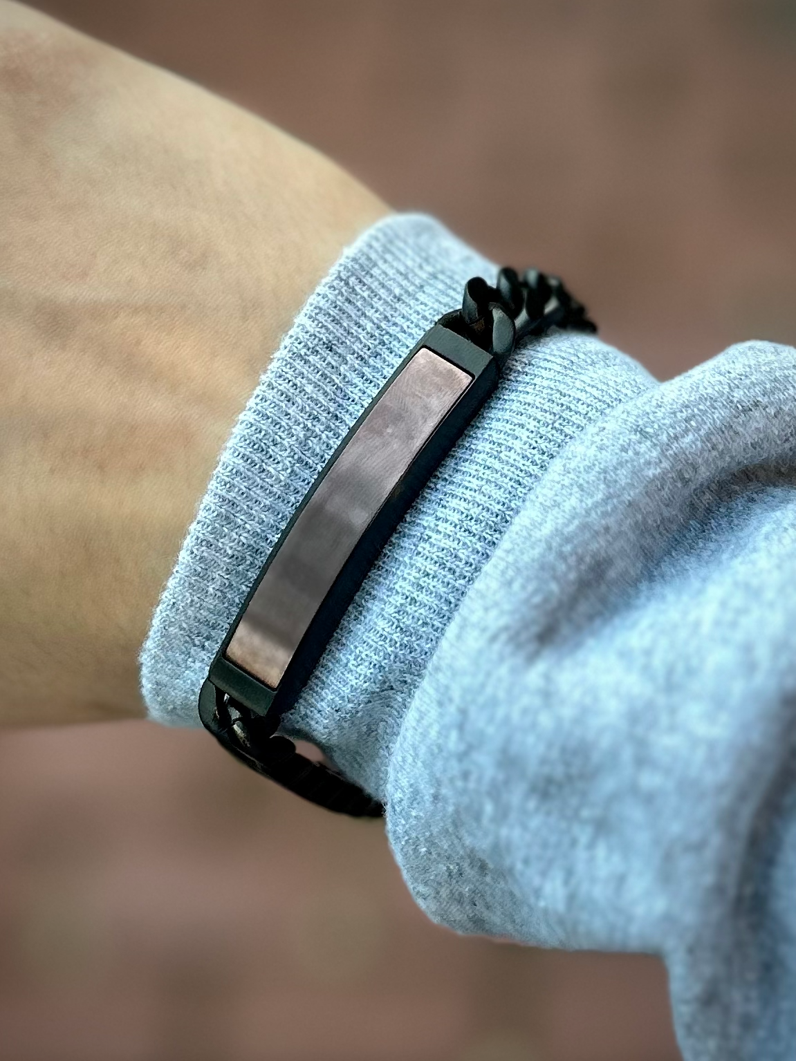 Satin Black Stainless Steel Curb Chain with Espresso Insert ID Bracelet