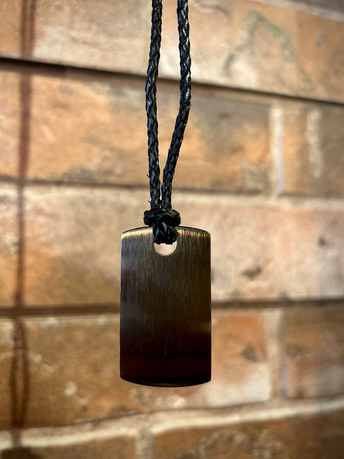 Satin Gunmetal Dog Tag on Braided Black Leather Cord Necklace