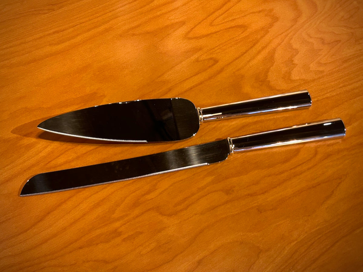 Gold Ring Band Silver Handle Cake Knife & Server Set