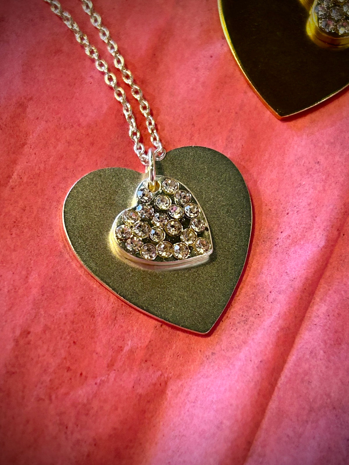Silver, Gold, or Rose Gold Crystal Charm Double Swing Heart Necklace