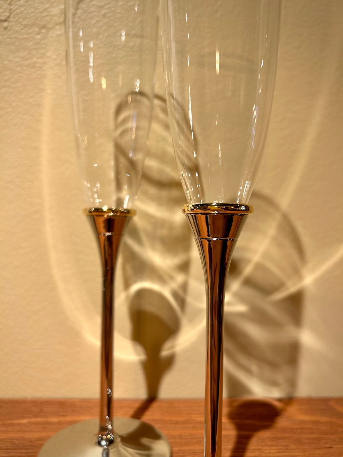 Gold Ring Band Silver Stem Champagne Toasting Flutes