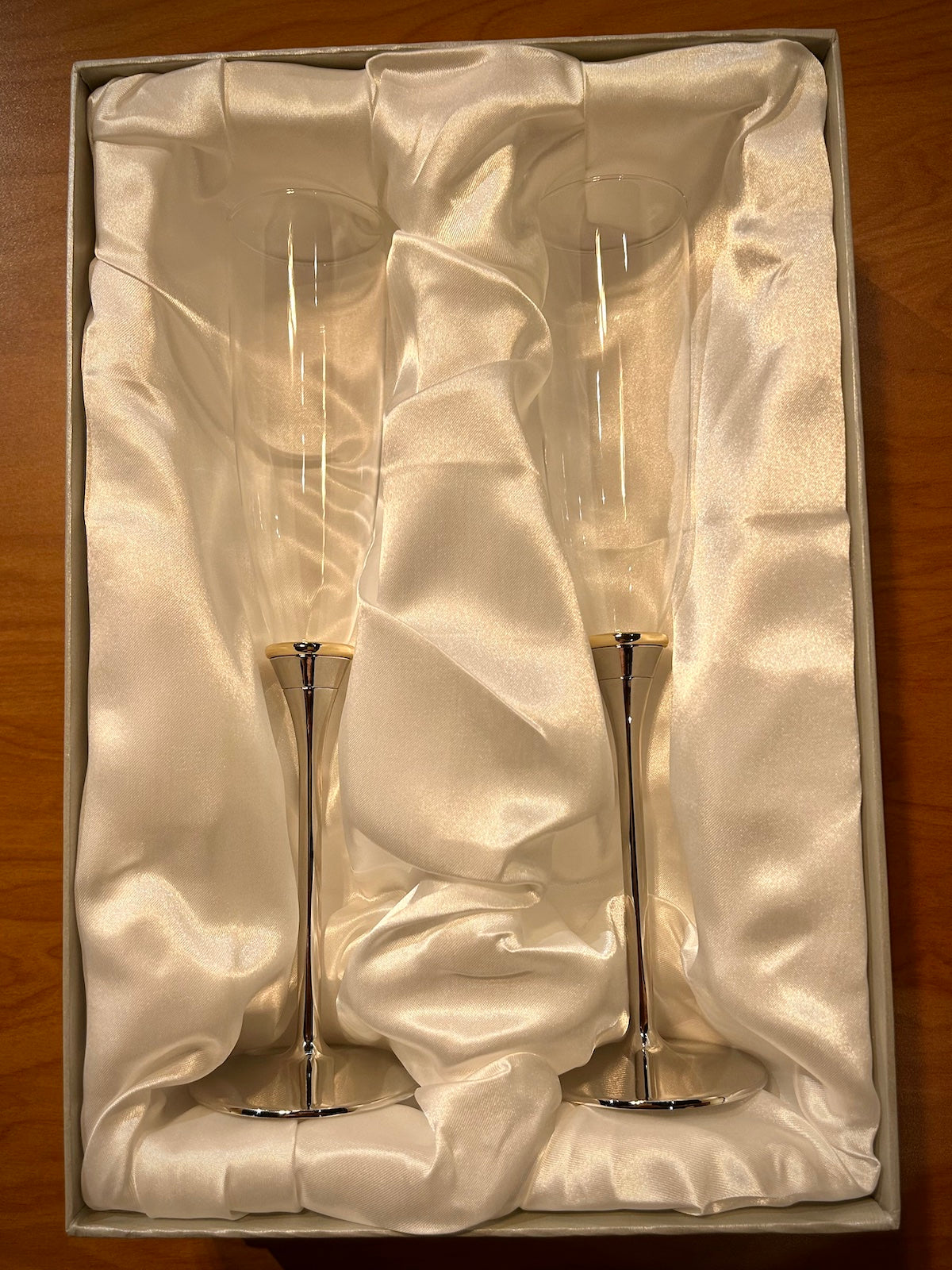 Gold Ring Band Silver Stem Champagne Toasting Flutes
