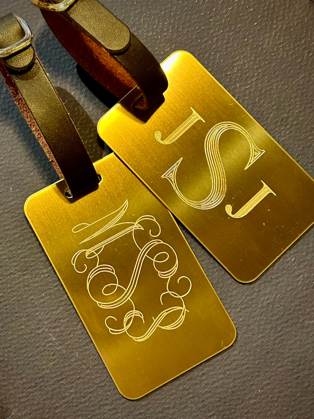 Solid Brass Luggage Tag with Brown Leather Strap