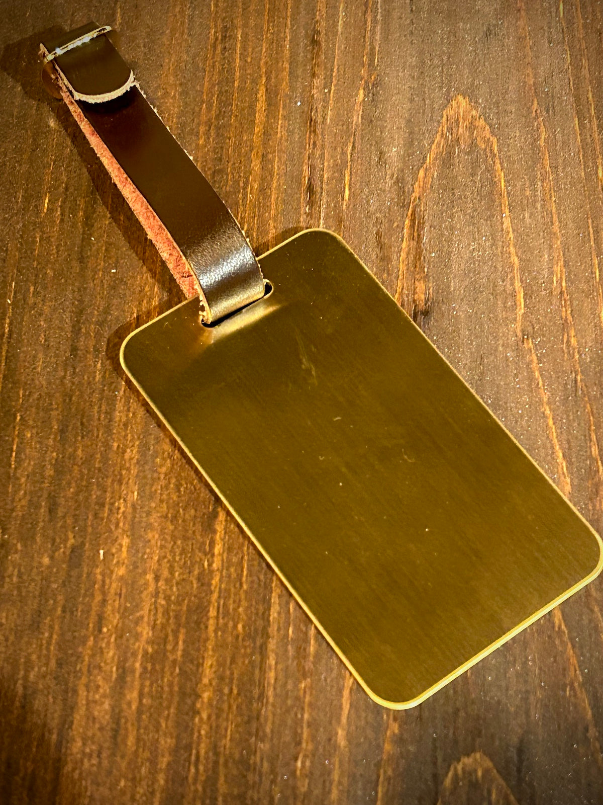 Solid Brass Luggage Tag with Brown Leather Strap