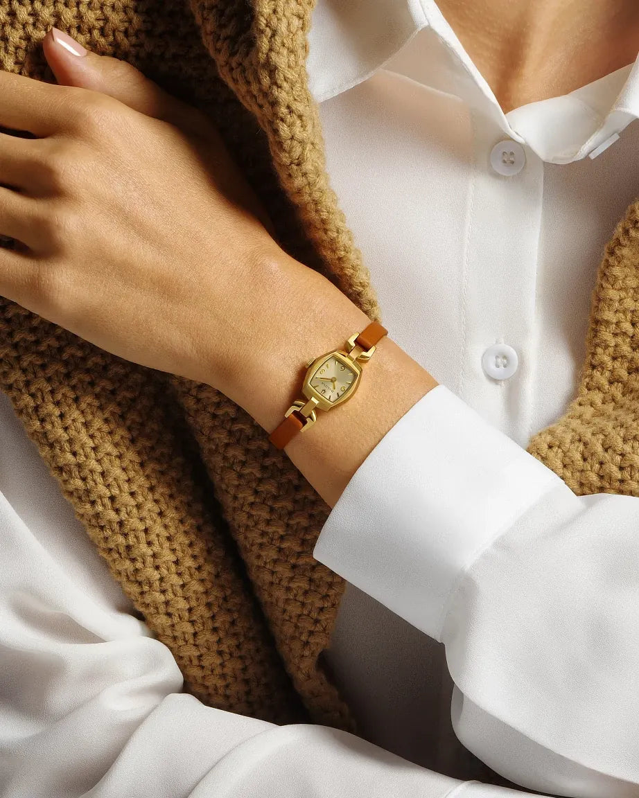Bulova Ladies Goddess of Time "Jackie" Gold Watch with Brown Strap