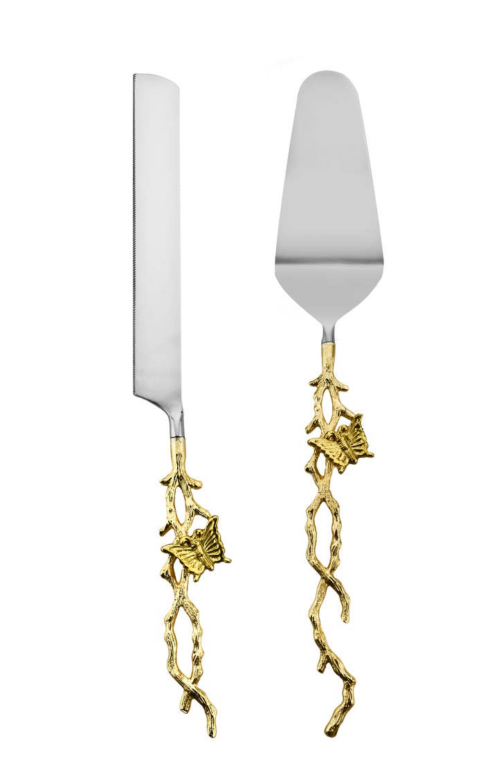 Gold Twig with Butterfly Accent Handle Cake Knife & Server