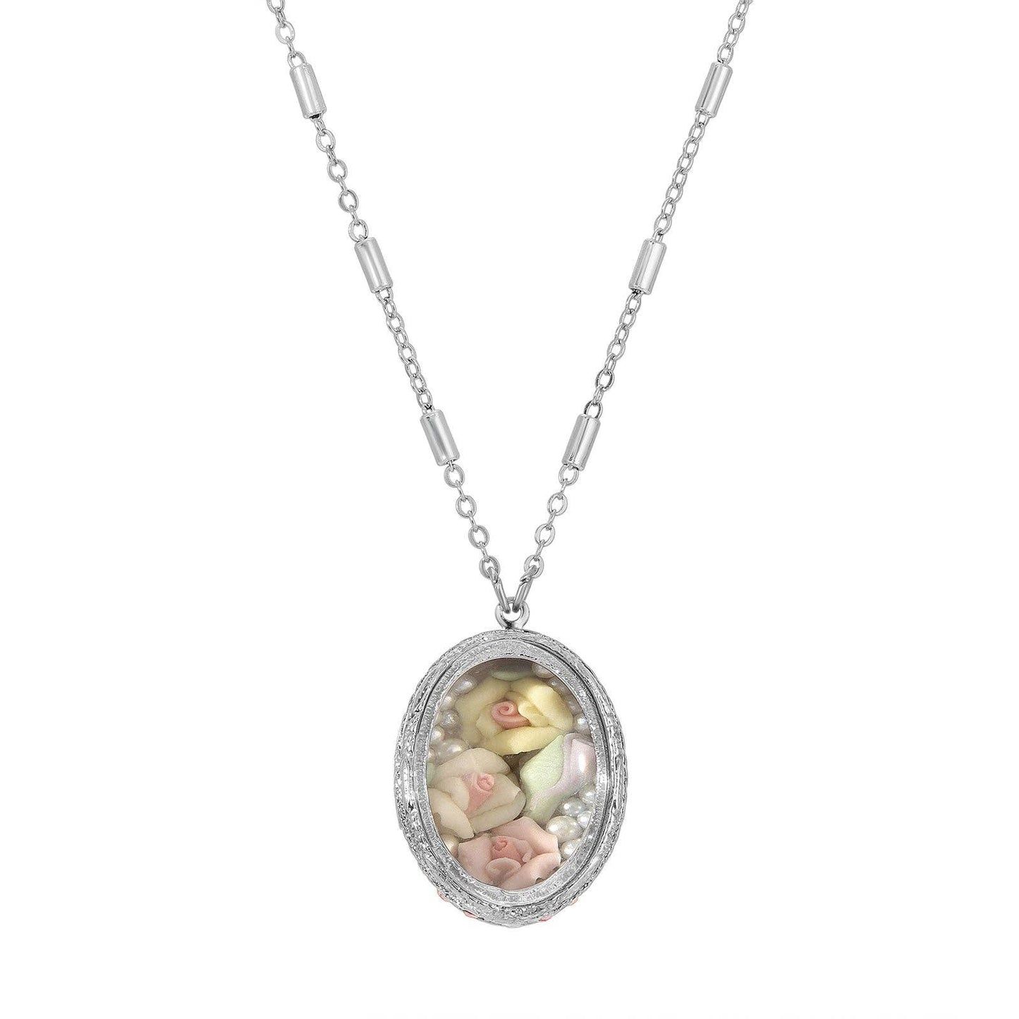 1928 Jewelry Oval Multicolor Porcelain Roses Pendant